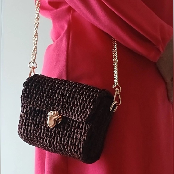 Crochet Bag Crossbody Chocolate Brown Gold Hardware Mini Handmade in USA - Picture 2 of 6